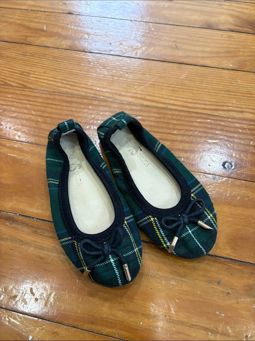 Yosi Samra Green Plaid Kids Ballet Flats with Bow